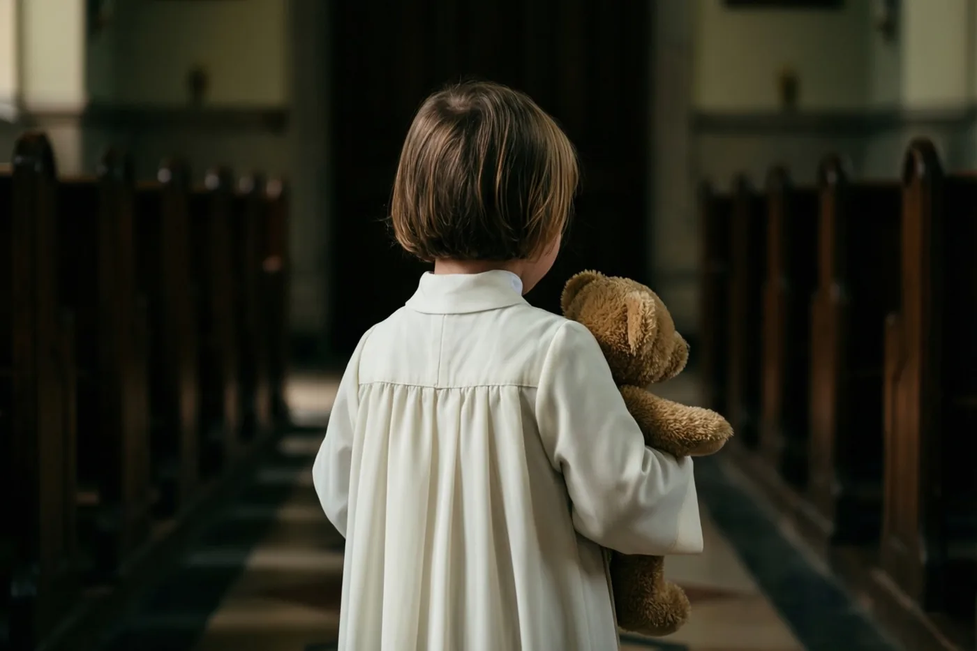 Een meisje in een wit communiegewaad loopt met een bruine teddybeer door het gangpad van een schemerige kerk met houten kerkbanken.