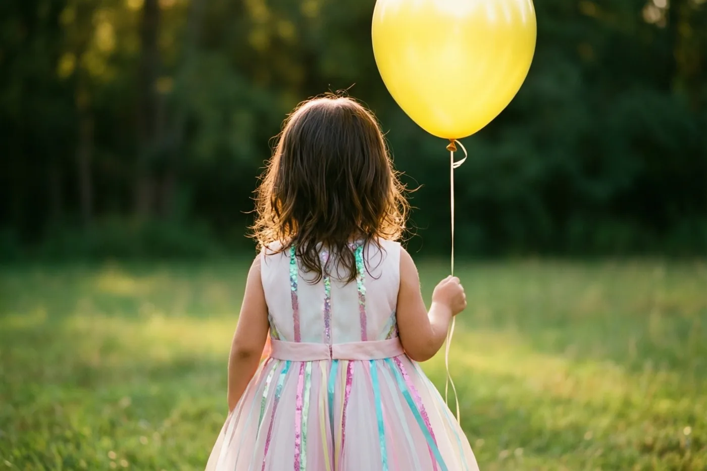 Een klein meisje in een kleurrijk feestjurkje staat met haar rug naar de camera in een zonnig grasveld met een gele ballon, met een wazig groen bos op de achtergrond.