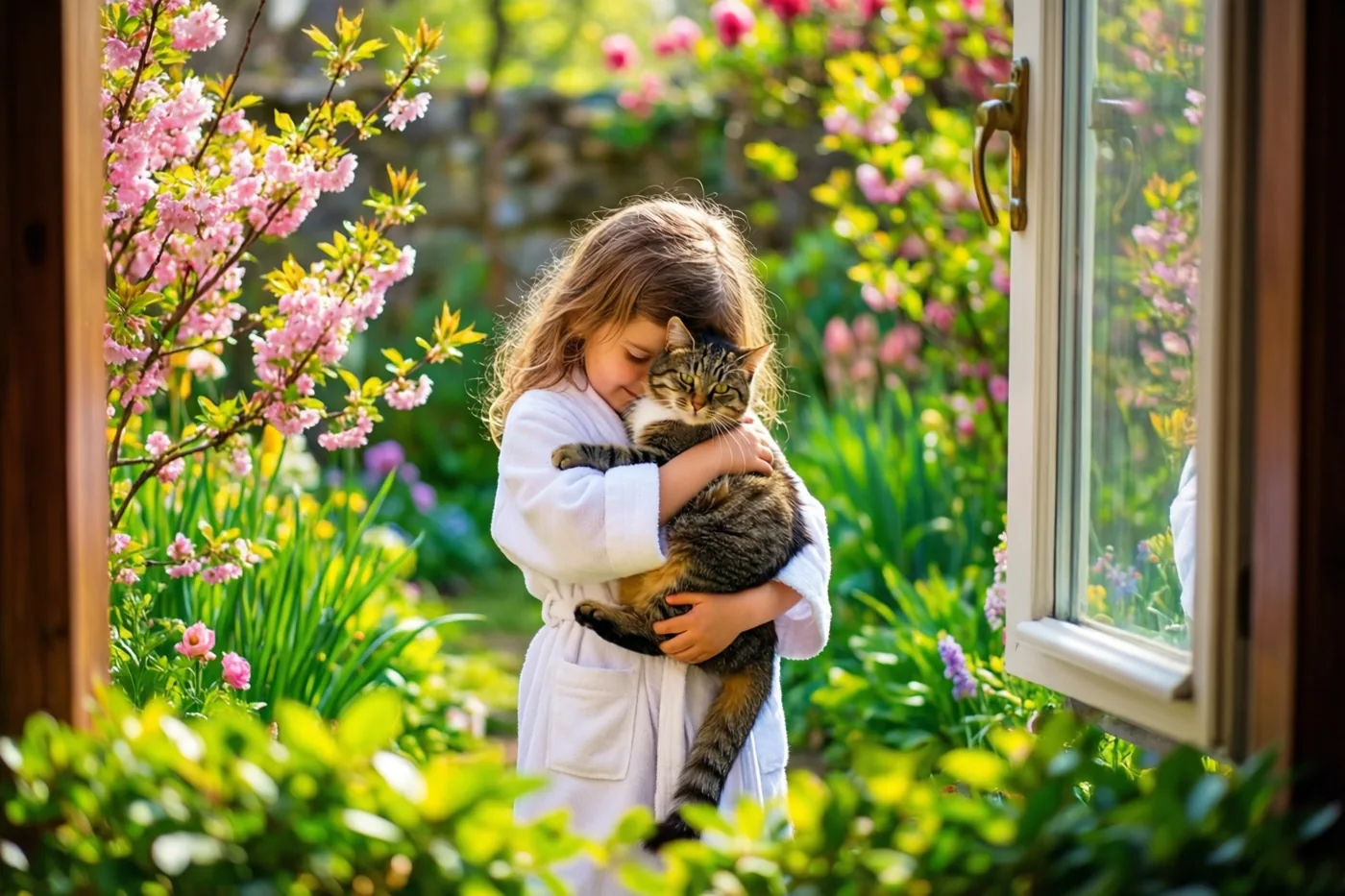 Een klein meisje in een wit gewaad omhelst een gestreepte kat met haar gezicht in de vacht, gezien door een raamopening met roze bloesems en groen in een lentetuin.