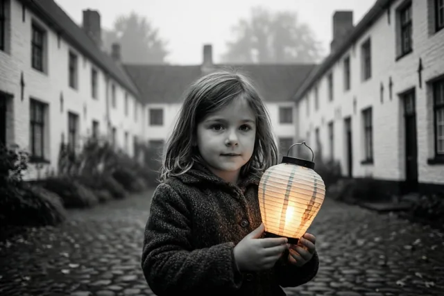Een jong meisje staat met een lichtgevende papieren lampion op een mistig binnenplein tussen witgekalkte huizen, met warm lampionlicht tegen een koele achtergrond in gedempte tinten.