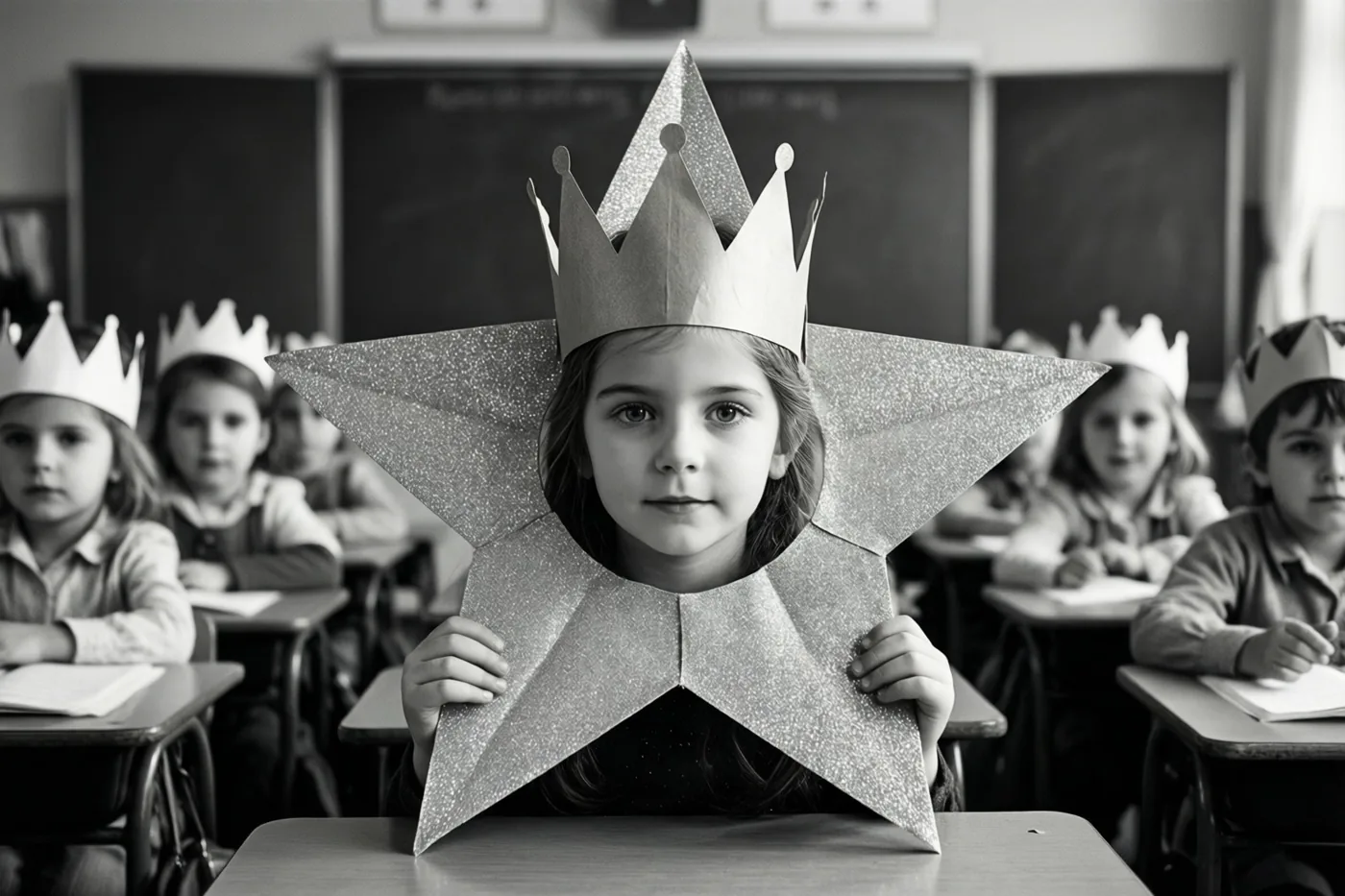 Een zwart-witfoto toont een meisje met een papieren kroon dat een grote glinsterende papieren ster met een uitsparing voor haar gezicht vasthoudt, met andere gekroonde kinderen aan schoolbanken achter haar.