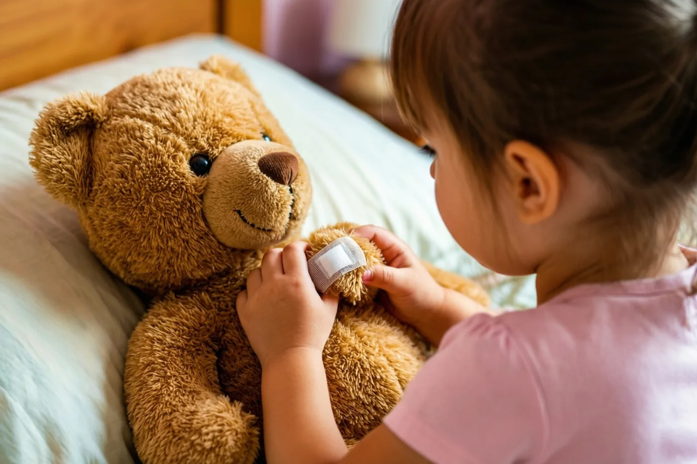 Een meisje in een roze shirt legt van achteren gezien een verbandje op de poot van een bruine teddybeer die op een bed ligt.