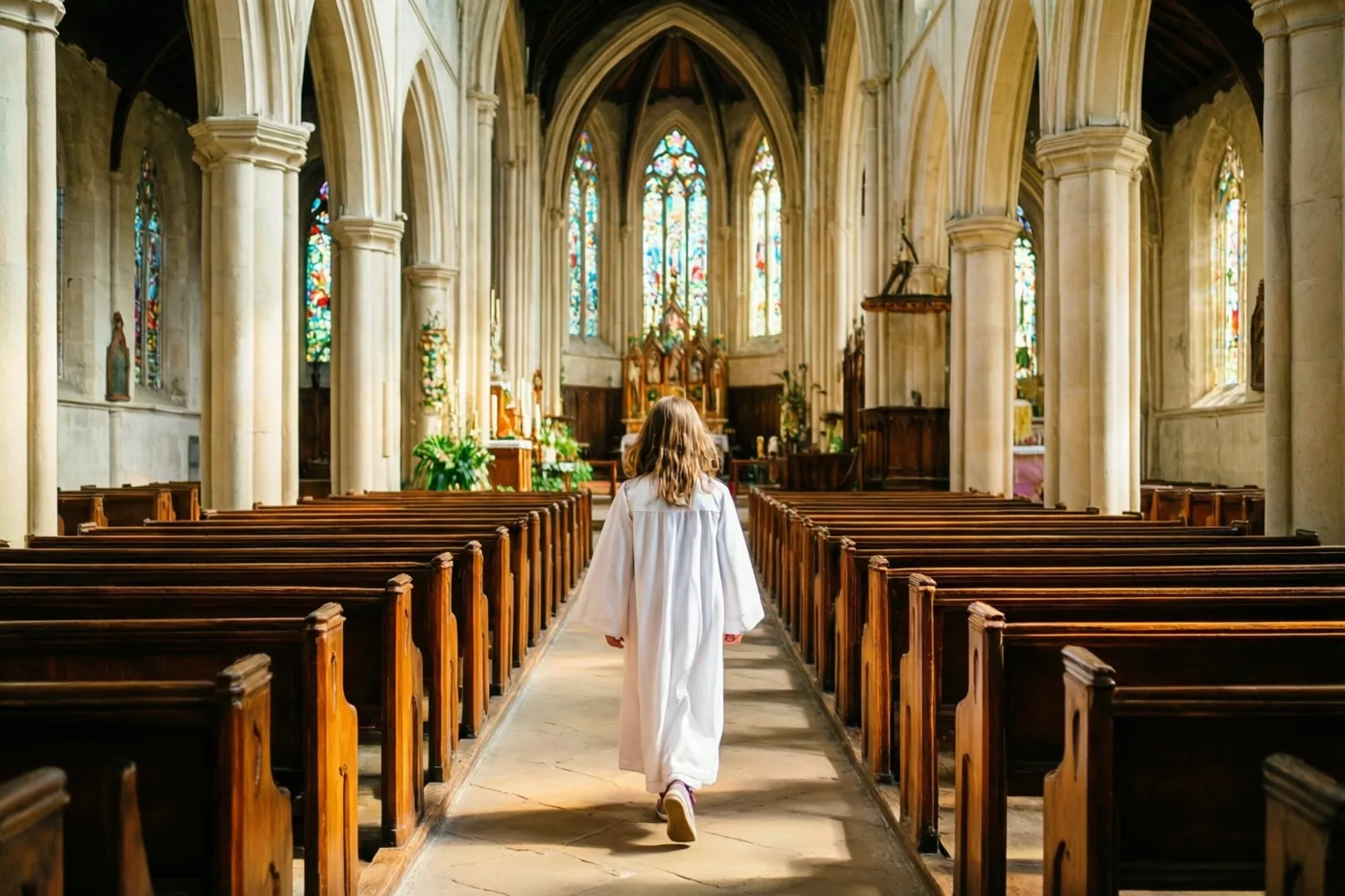 Een meisje in een wit gewaad loopt door het middenpad van een stenen kerk, van achteren gezien bij zacht daglicht door glas-in-loodramen.