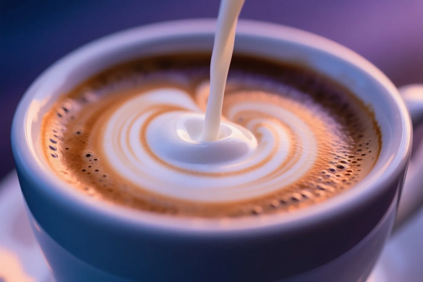 Van bovenaf zie je hoe melk in een kop koffie wordt gegoten en draaiende patronen vormt, in zacht licht met bruine, witte en paarse tinten.