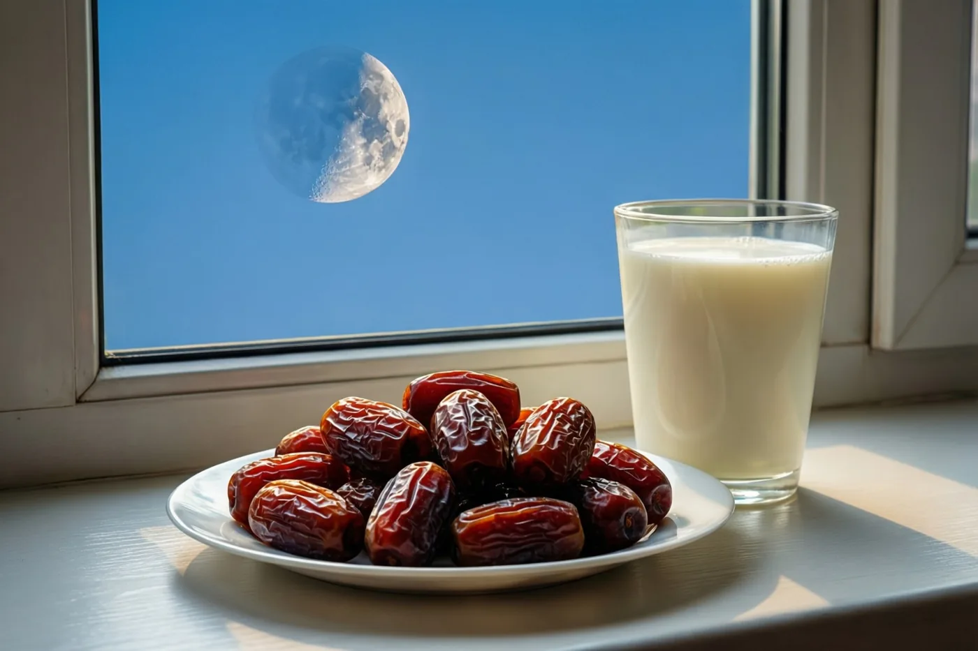 Een bord dadels en een glas melk staan in natuurlijk licht op een vensterbank, met een dunne maansikkel aan de blauwe hemel buiten.