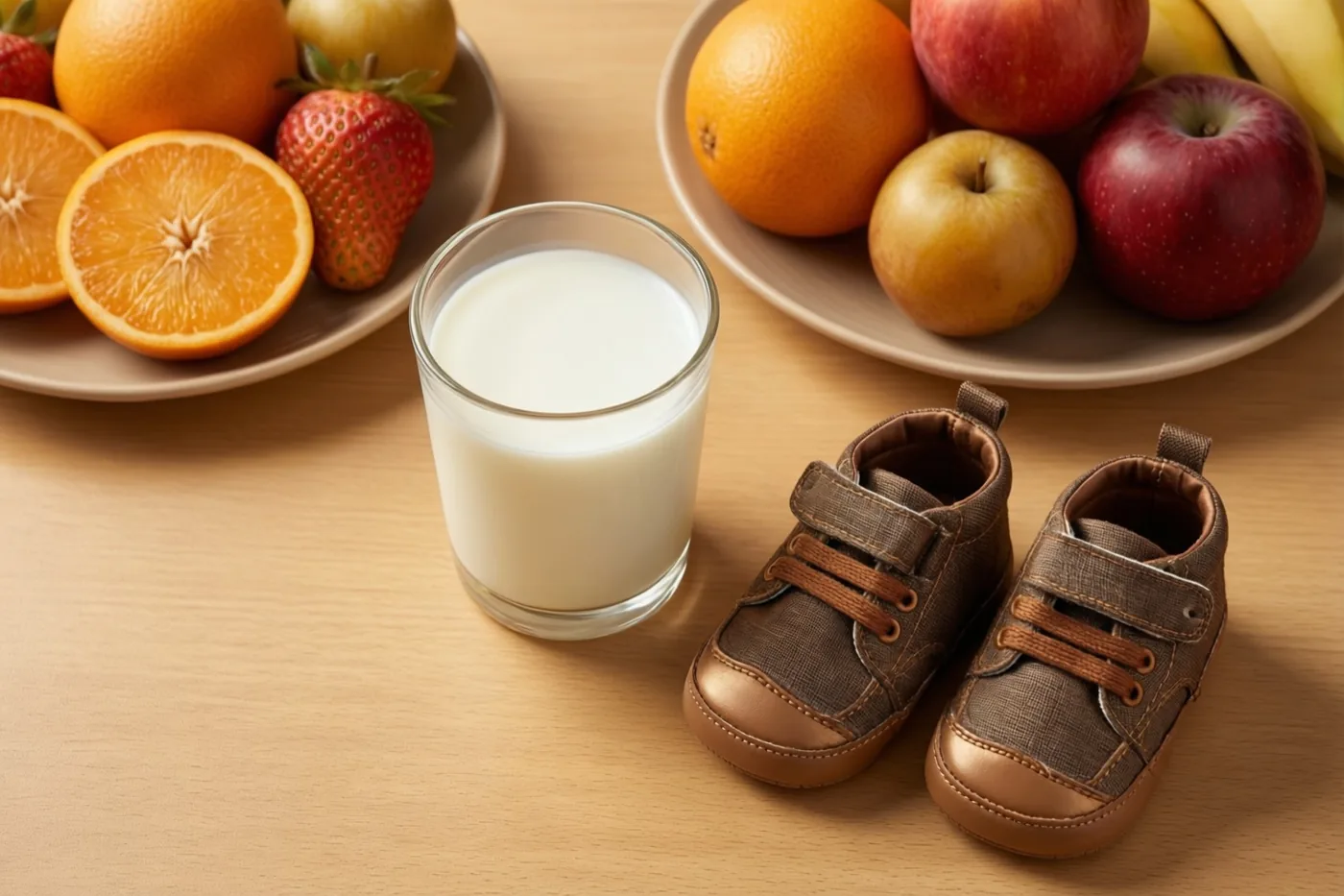 Op een houten tafel staan een glas melk, twee borden vers fruit en een paar kleine babyschoentjes in helder, warm licht.