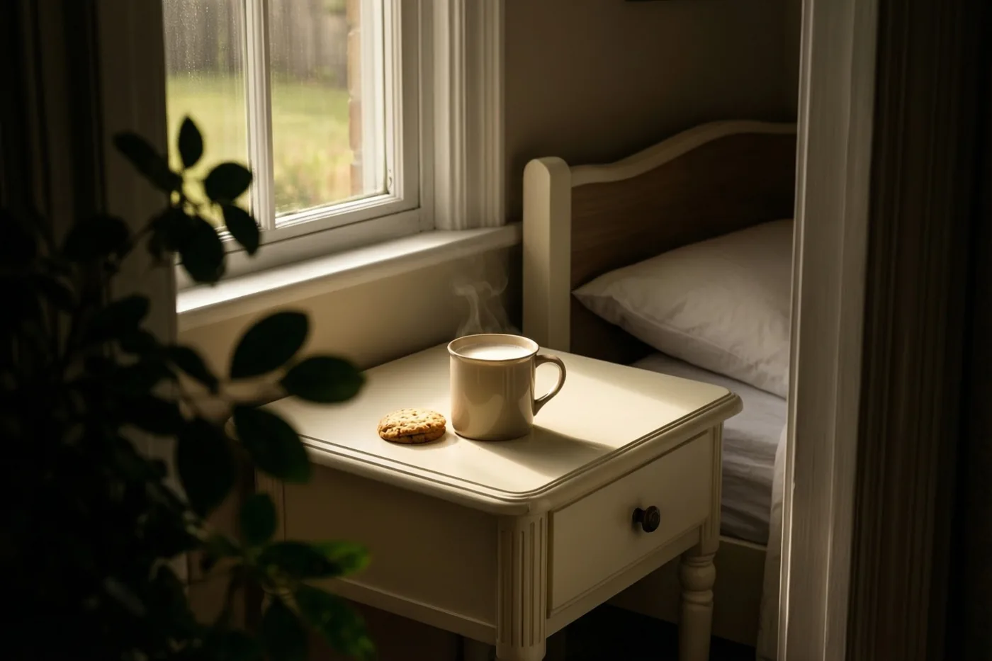 Op een wit nachtkastje staan een dampende mok melk en een koekje in het ochtendlicht, met een bed en een plant in een pot ernaast.