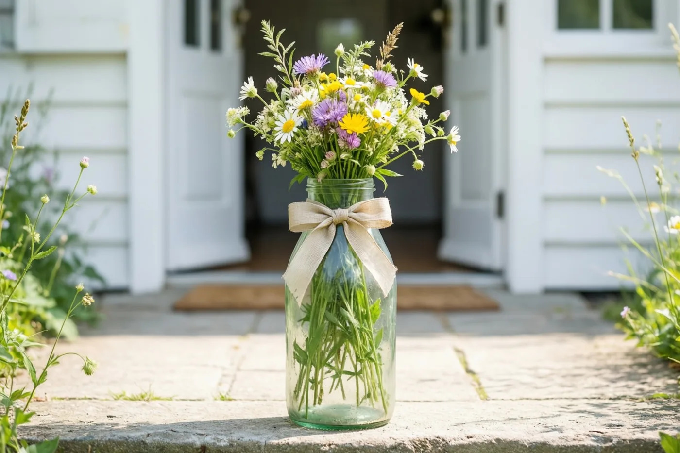 Een doorzichtige glazen melkfles met verschillende veldbloemen en een beige strik staat op een stenen drempel voor een wit huis met een open deur.