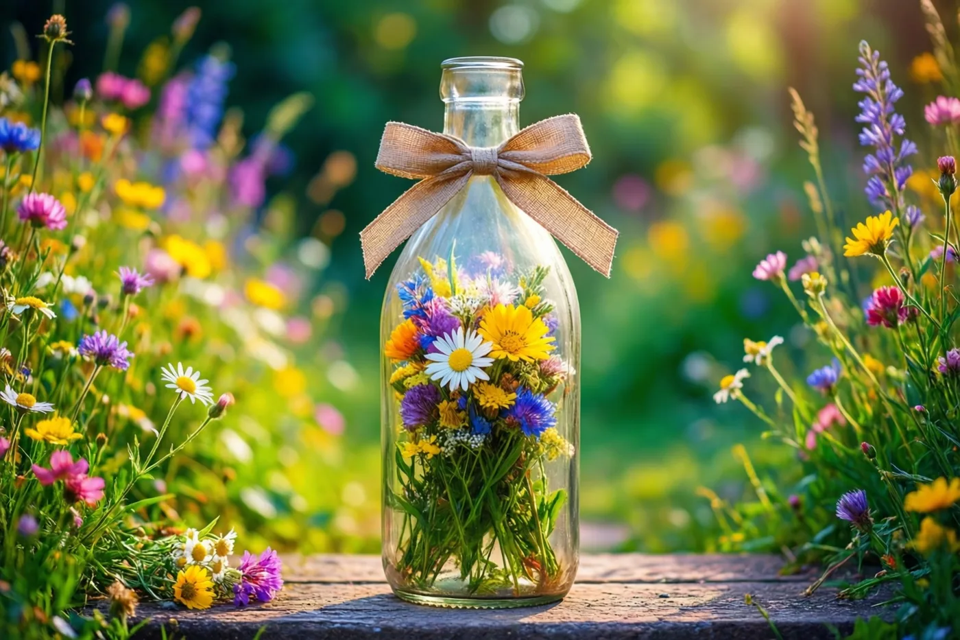 Een doorzichtige glazen melkfles met kleurrijke veldbloemen en een bruine strik staat op een houten oppervlak tussen onscherpe bloemen in warm zonlicht.