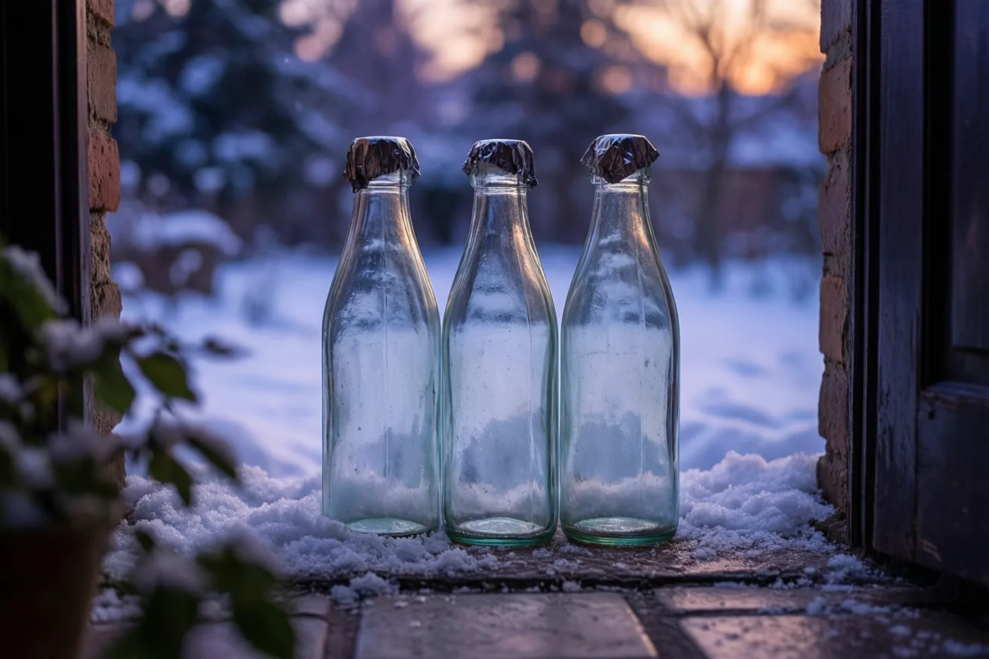 Drie ouderwetse glazen melkflessen met foliedoppen staan in verse sneeuw op een oude betegelde stoep, in het warme oranje licht van de ondergaande zon.