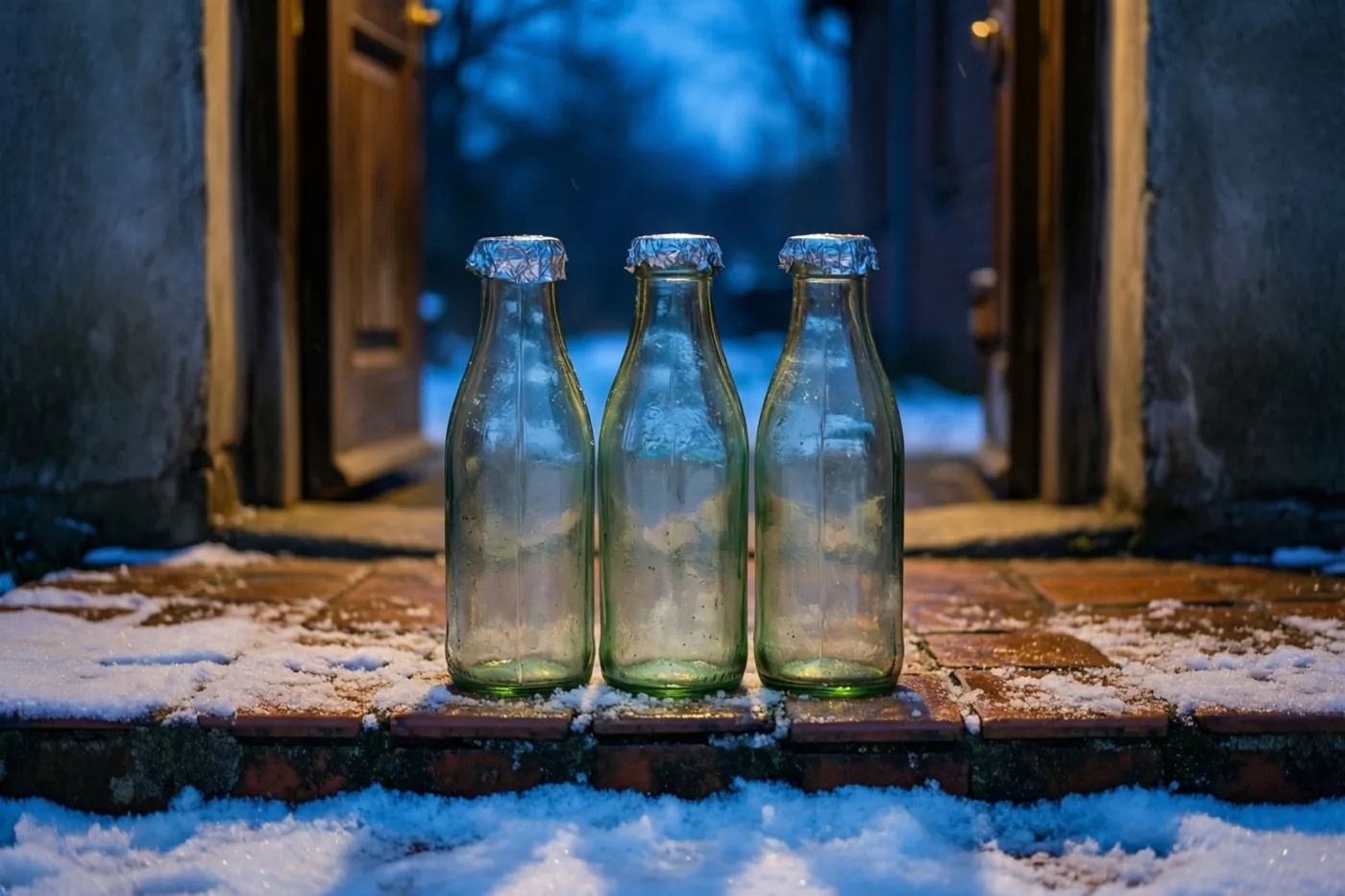 Drie ouderwetse glazen melkflessen met foliedoppen staan in verse sneeuw op een oude betegelde stoep, in koele blauwe en warme bruine tinten.
