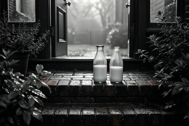 Twee glazen flessen met melk staan op een natte bakstenen drempel, met dauw op de stenen en de planten eromheen in vroeg ochtendlicht.