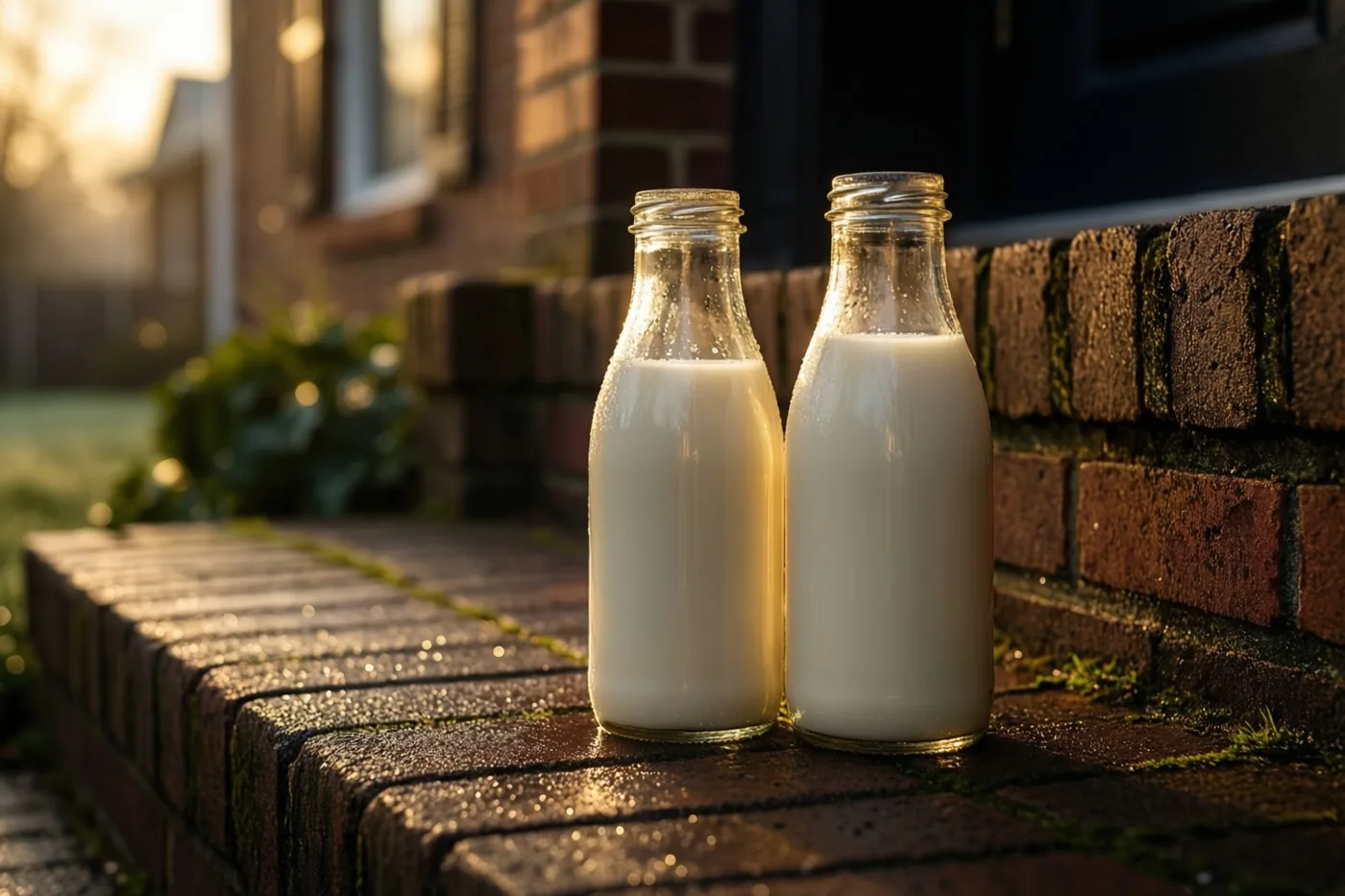 Twee glazen flessen met melk staan op een natte bakstenen drempel in warm, vroeg zonlicht.