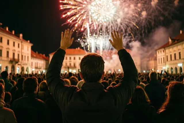 Een menigte op een stadsplein heft 's nachts de armen naar het vuurwerk, verlicht door warme lampen en kleurrijke vonken.