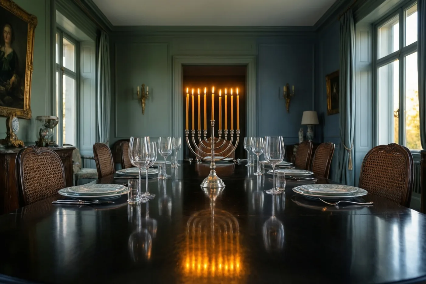 Een brandende menora weerspiegelt in een lange, donkere gepolijste eettafel in een kamer met blauwgroene muren, sierlijke stoelen en ingelijste portretten.
