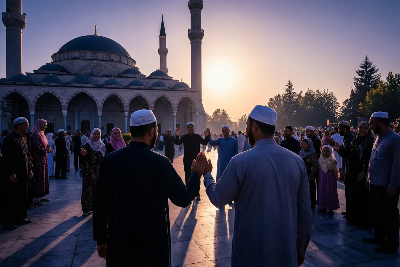 Mensen begroeten elkaar voor een moskee met koepels en minaretten in goudkleurig ochtendlicht onder een hemel met blauwe en paarse tinten.