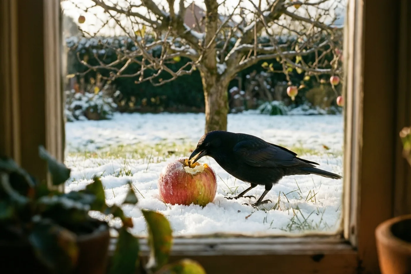 Door een raam zie je een merel die aan een rode appel in verse sneeuw onder een kale appelboom pikt, in een tuin met warm zonlicht.