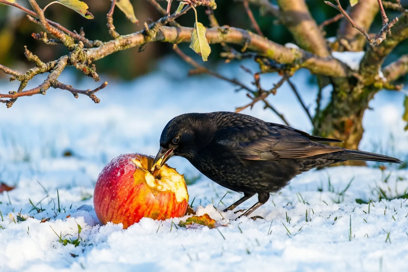 Een merel pikt aan een rode appel in verse sneeuw onder een kale appelboom waarvan ook de takken met sneeuw bedekt zijn.