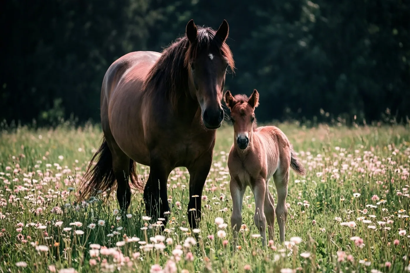 Een merrie en haar veulen staan samen in een zonnige weide met wilde bloemen, tegen een donkere, wazige bosachtergrond.