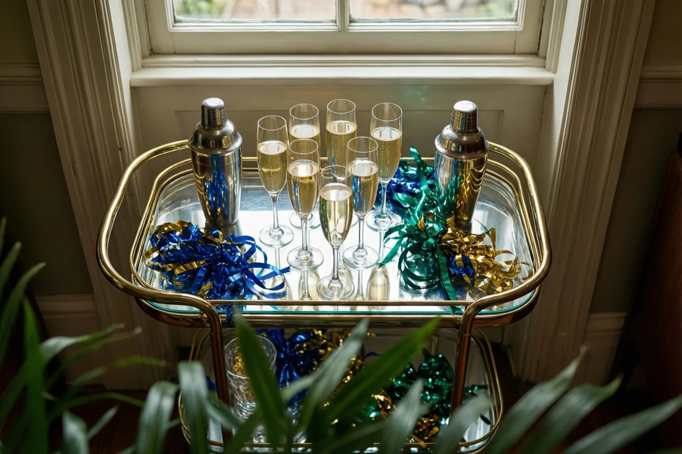 Een barwagentje met een glazen blad en messing frame staat bij een raam met gevulde champagnecoupes, twee cocktailshakers en blauwe, groene en gouden slingers.