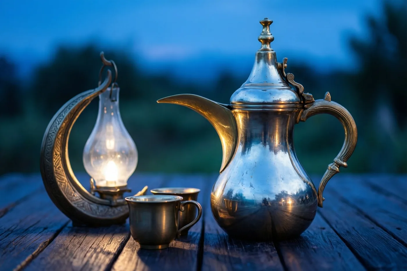 Een glanzende messing dallah-koffiepot en twee kleine kopjes staan buiten bij schemering naast een maansikkellantaarn op een donkerhouten tafel onder een blauwe lucht.