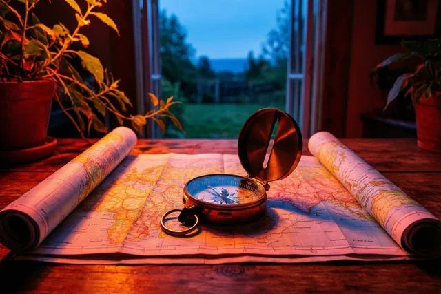 Een messing kompas ligt op een opengevouwen kaart op een houten tafel in warm binnenlicht, bij een raam met uitzicht op een landschap in de schemering.