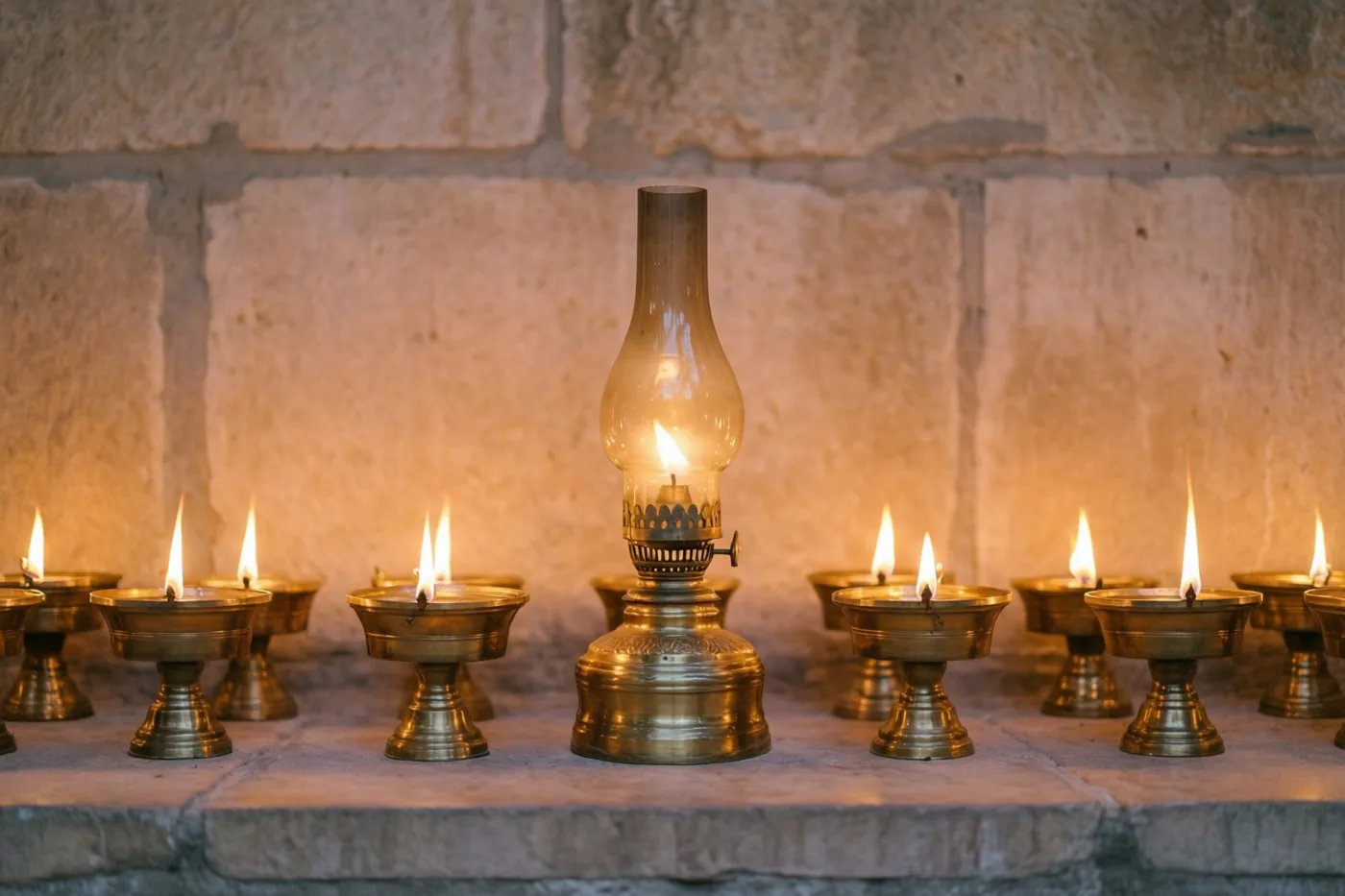 Een rij kleine messing olielampen met flakkerende vlammen staat op een stenen richel tegen een stenen muur, met een hogere lamp in het midden.