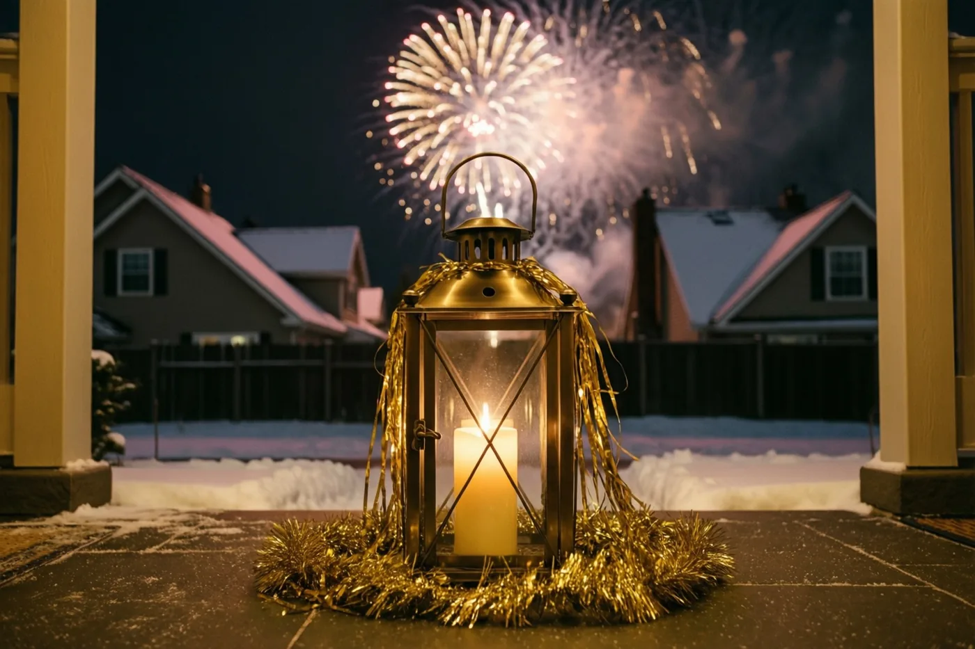 Een messing kaarslantaarn met gouden slingers staat op een besneeuwde drempel, met vuurwerk boven besneeuwde daken aan de nachtelijke hemel.