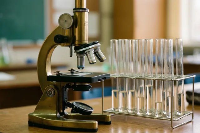 Een messing microscoop staat op een houten laboratoriumtafel naast een metalen rek met doorzichtige glazen proefbuizen in warm licht.