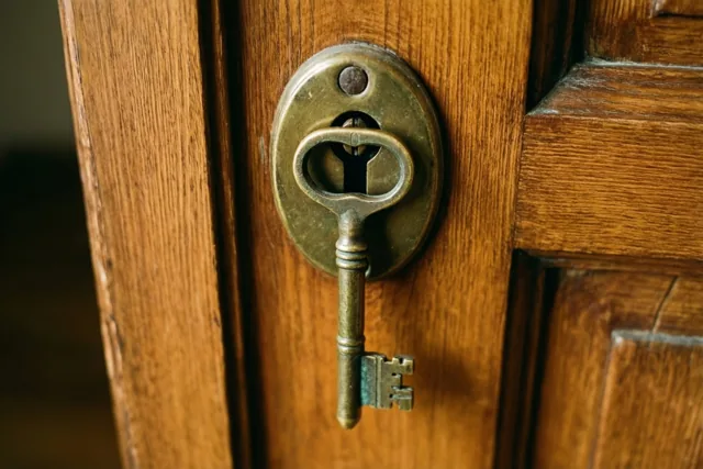 Een oude messing sleutel steekt in een bijpassend messing sleutelgat van een houten deur.