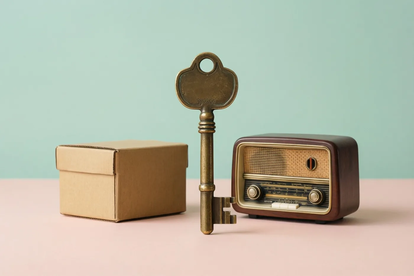 Een grote messing huissleutel staat rechtop naast een gesloten kartonnen verhuisdoos en een oude houten radio op een roze ondergrond tegen een lichtblauwgroene muur.