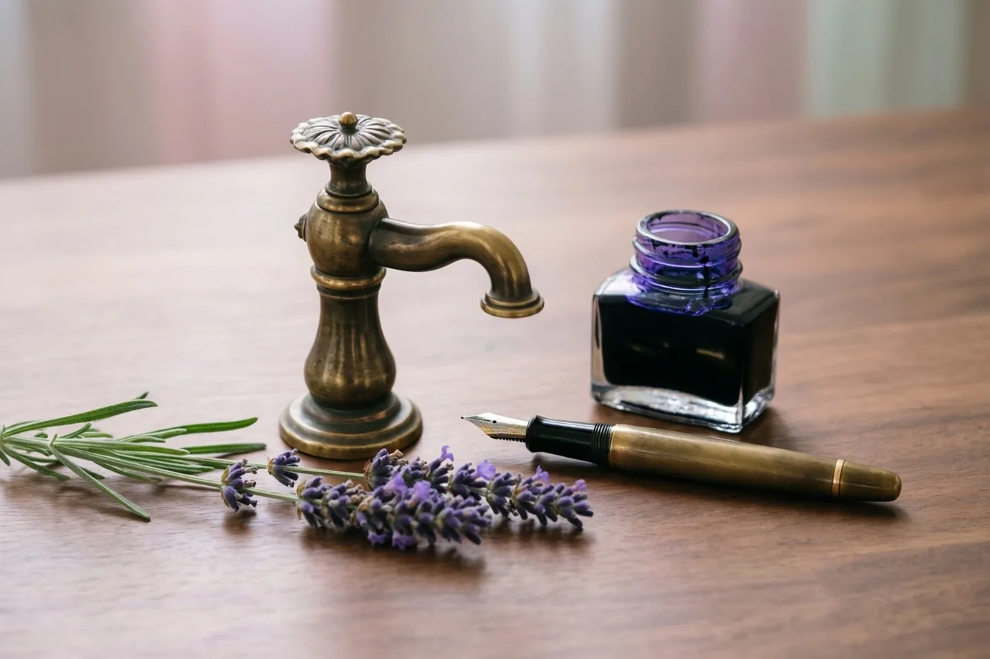 Een messing vulpen en een klein glazen inktflesje liggen naast een takje lavendel op een houten bureau, in warme bruine, messingkleurige en paarse tinten.