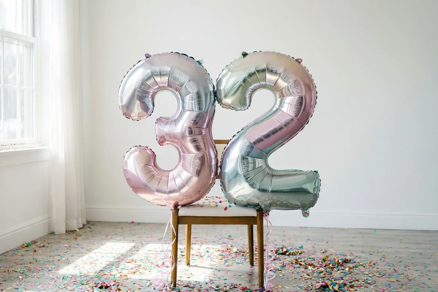 Twee grote metaalglanzende ballonnen in de vorm van 3 en 2 zijn aan een houten stoel vastgemaakt in een lichte, sober ingerichte kamer met confetti op de vloer en een raam links.