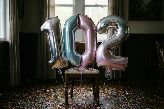 Drie grote metaalglanzende ballonnen vormen 102 boven een houten stoel in een schemerige kamer, met kleurrijke confetti op de vloer en daglicht door ramen achteraan.