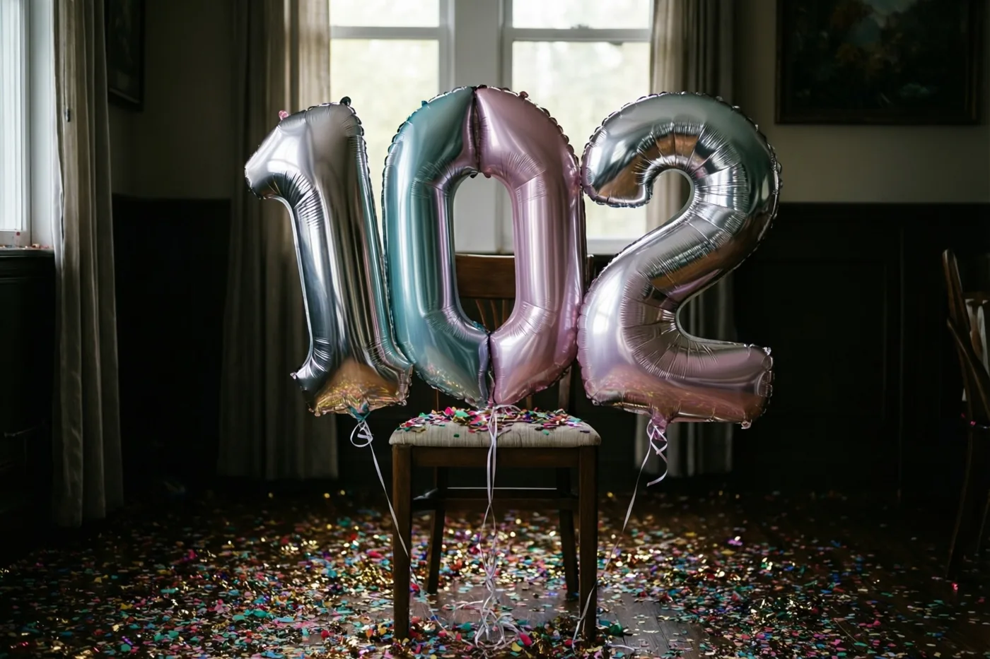 Drie grote metaalglanzende ballonnen vormen 102 boven een houten stoel in een schemerige kamer, met kleurrijke confetti op de vloer en daglicht door ramen achteraan.