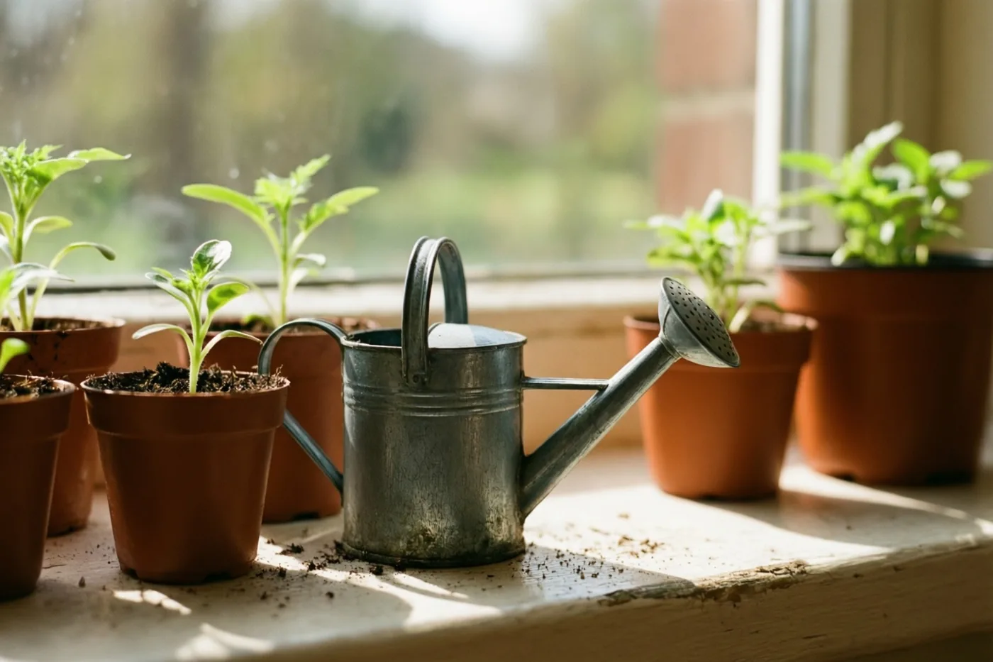 Een kleine metalen gieter staat binnen op een zonnige vensterbank naast terracotta potjes met jonge zaailingen, met een onscherp uitzicht naar buiten.