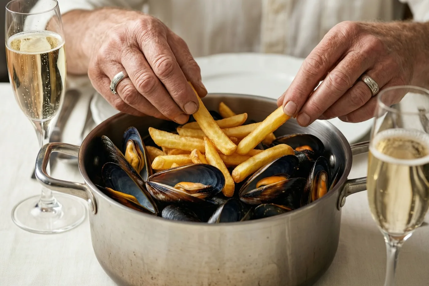 Twee handen met ringen reiken in een metalen pot met mosselen en frieten op een wit tafelkleed, naast twee champagneglazen.