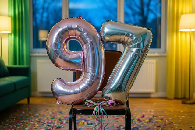 Twee grote metallic cijferballonnen 9 en 7 zijn aan een stoel in een woonkamer vastgemaakt, met confetti op de houten vloer, warme lampen en groene en gele gordijnen.