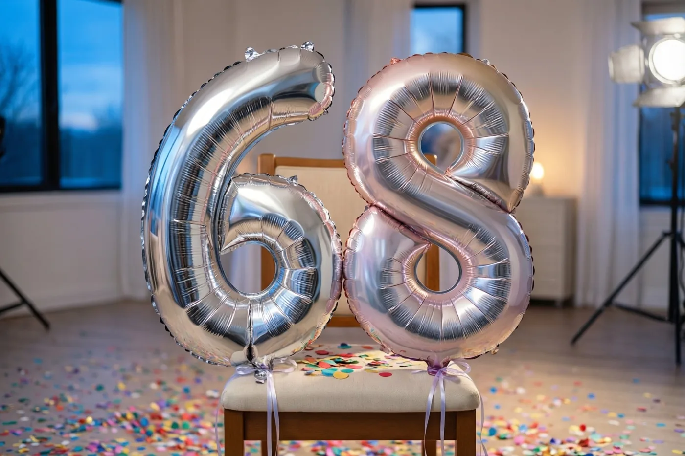 Twee grote metallic ballonnen in de vorm van 6 en 8 hangen aan een stoel in een lichte kamer met kleurrijke confetti op de vloer en studioverlichting.