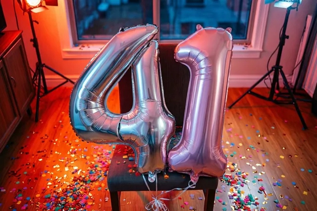 Twee grote metallic ballonnen vormen 41 en zijn vastgemaakt aan een stoel in een kamer met confetti op de houten vloer en warm en koel licht.