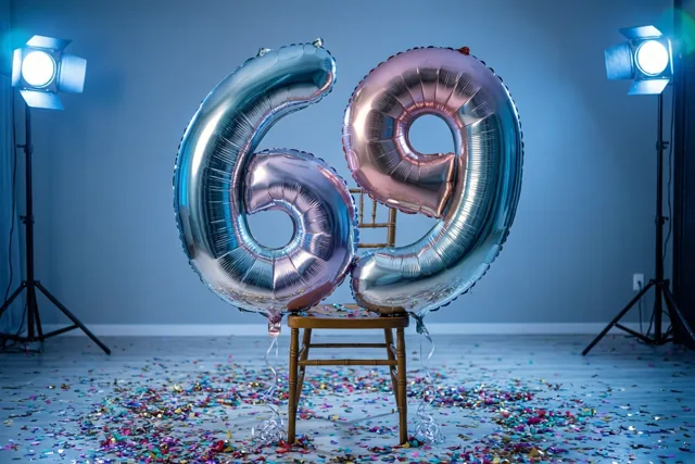 Twee grote metallic ballonnen in de vorm van 6 en 9 hangen aan een houten stoel in een studio met een blauwe muur, kleurrijke confetti op de vloer en twee studiolampen.