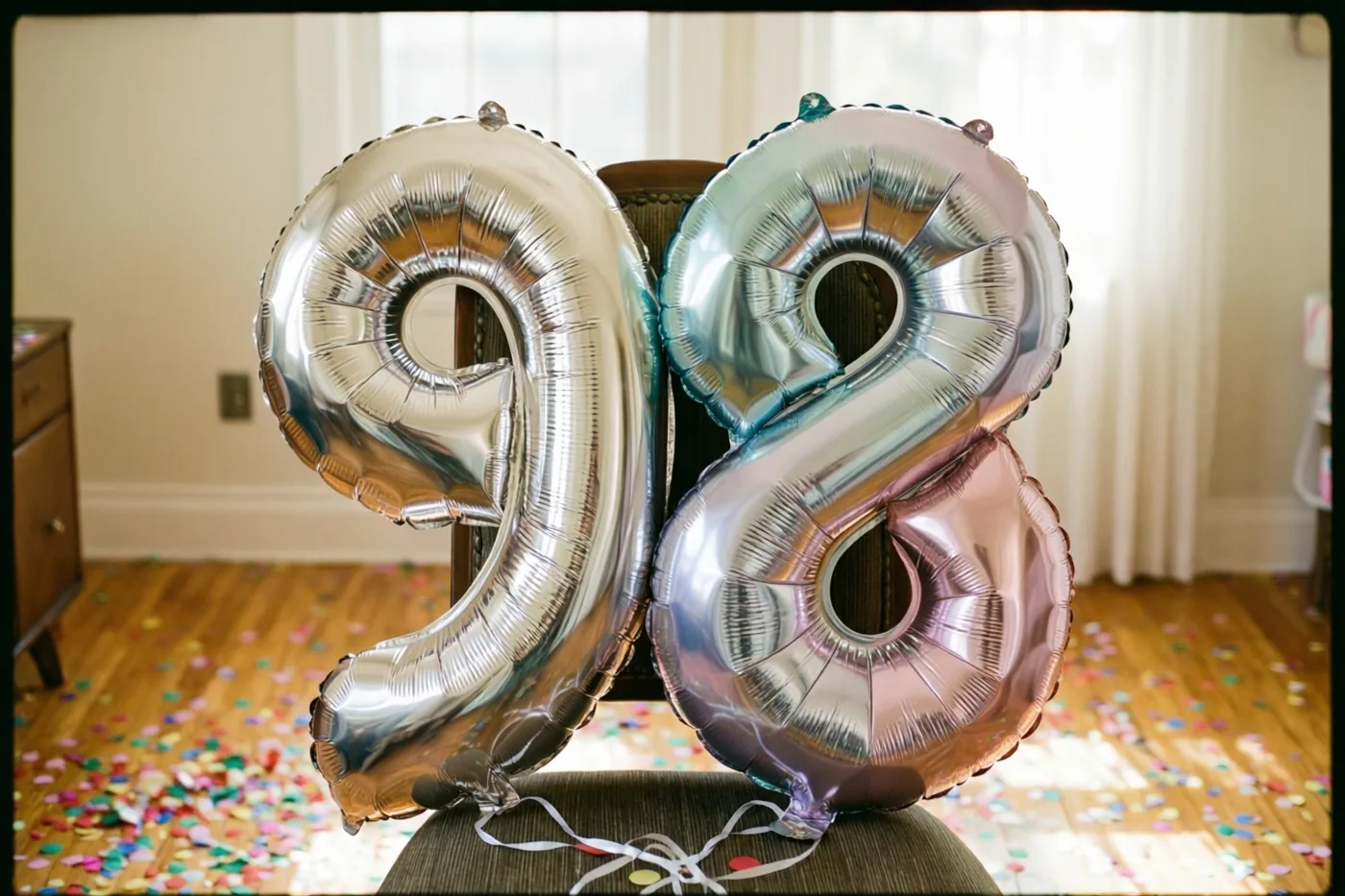 Twee grote metallic ballonnen in de vorm van 9 en 8 zijn aan een stoel vastgemaakt in een lichte kamer, met kleurrijke confetti op de vloer en zilveren en pastelkleurige weerspiegelingen.