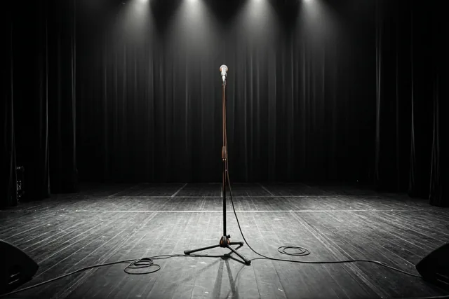 Een enkel microfoonstatief staat onder spots midden op een leeg houten concertpodium voor een donker gordijn, in een monochroom beeld.