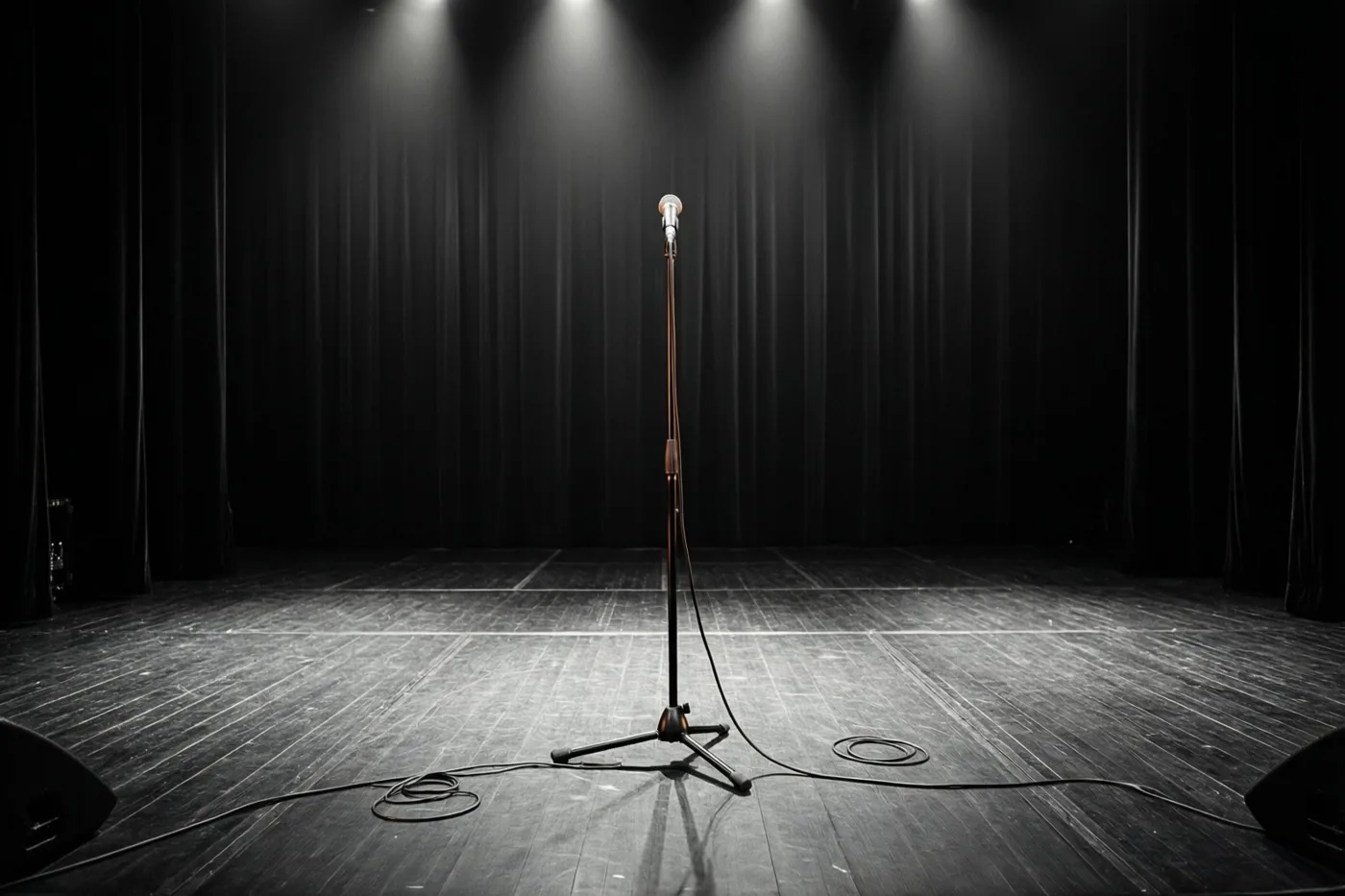 Een enkel microfoonstatief staat onder spots midden op een leeg houten concertpodium voor een donker gordijn, in een monochroom beeld.