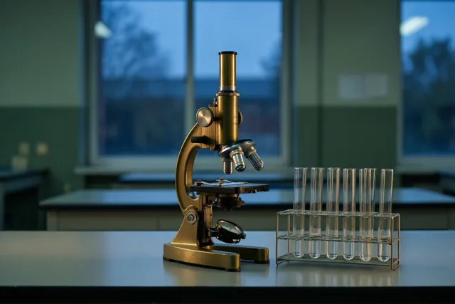 Een messing microscoop en een rek met glazen proefbuizen staan op een laboratoriumtafel in een schemerig klaslokaal, met koel blauw licht van de ramen op de achtergrond.