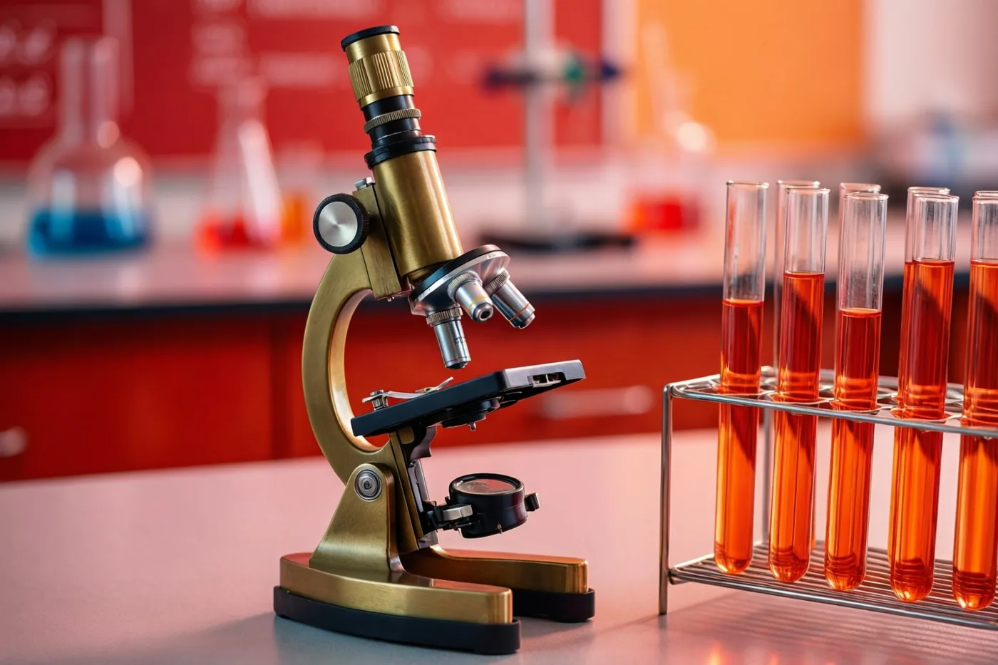 Een messing microscoop staat naast een rek proefbuizen met oranje vloeistof op een laboratoriumtafel, met rood en oranje licht op de achtergrond.