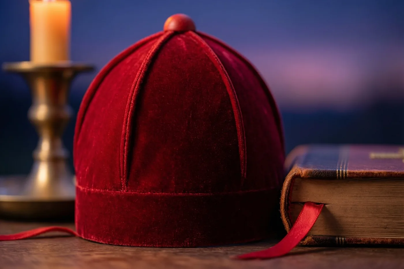 Een rode fluwelen mijter ligt op hout naast een brandende kaars in een messing kandelaar en een boek met leren kaft en rood lint, tegen een donkerblauwe en paarse achtergrond.
