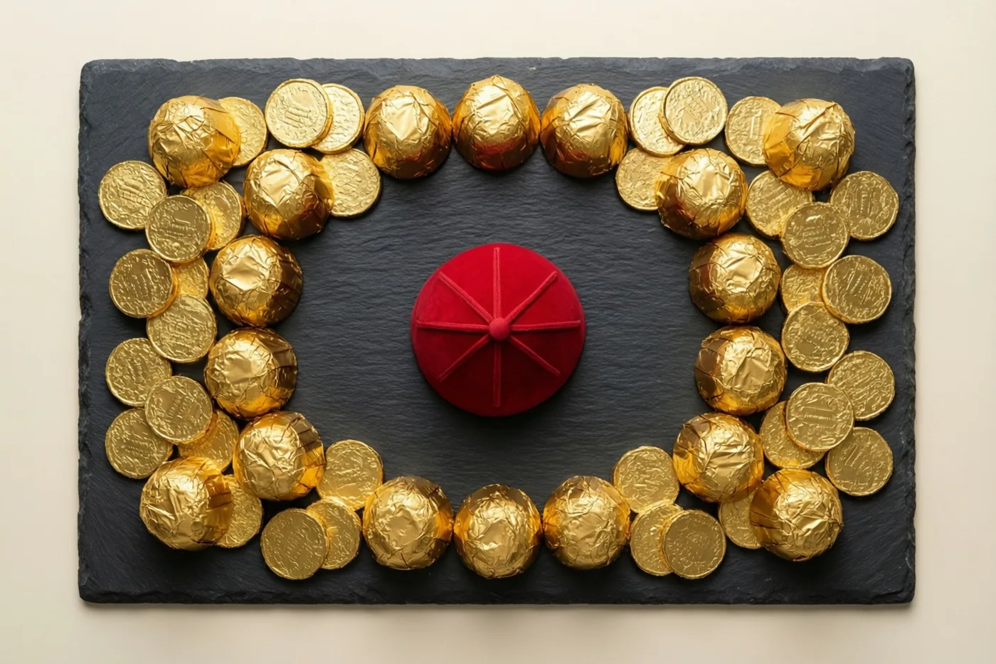 Een rode mijter staat midden op een donker leistenen dienblad, omringd door een decoratieve rand van chocolademunten in goudfolie.
