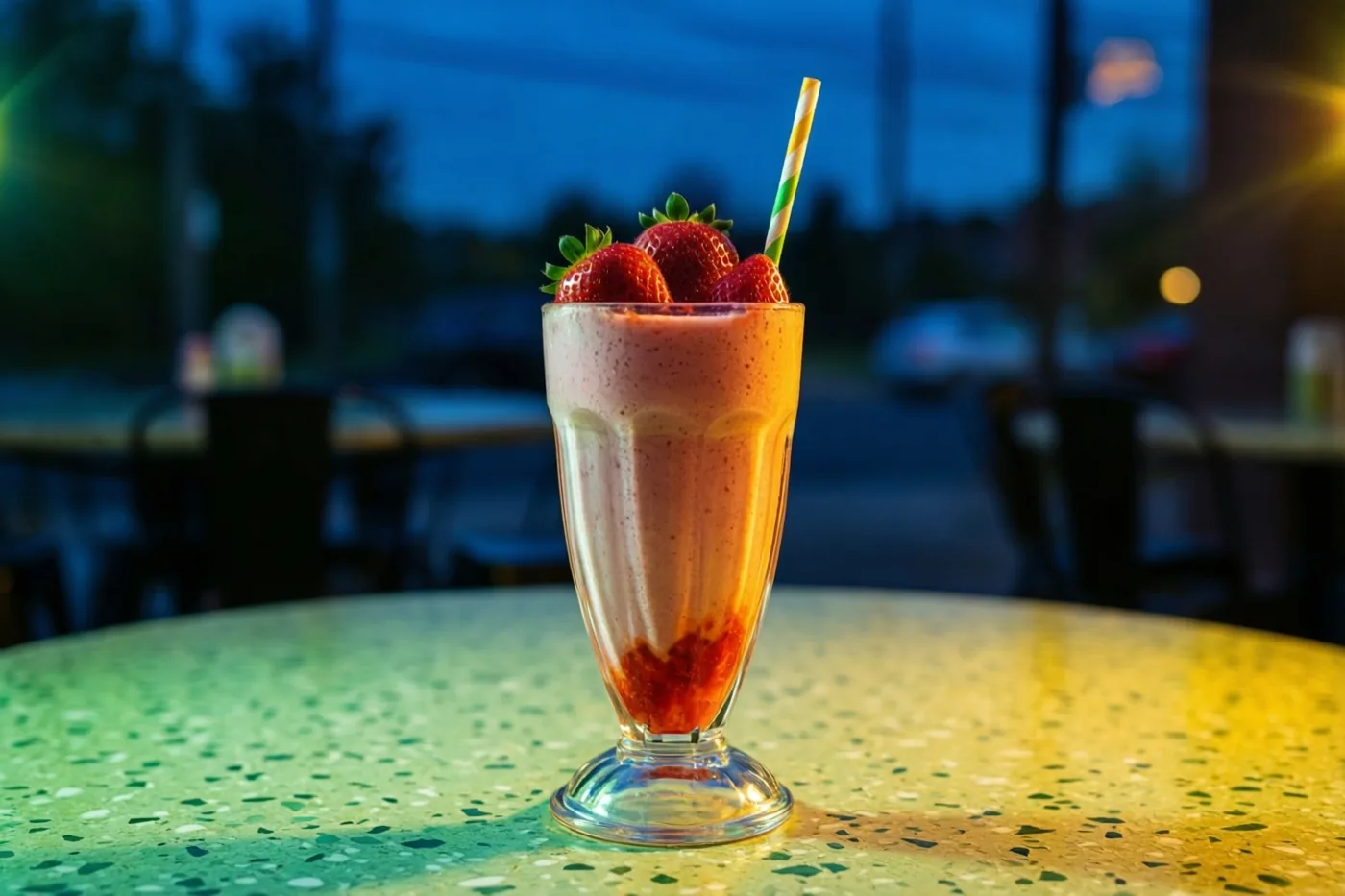 Een hoog glas aardbeienmilkshake met een gestreept rietje staat buiten op een gespikkelde formicatafel, met onscherpe straatlampen en bomen op de achtergrond bij schemering.