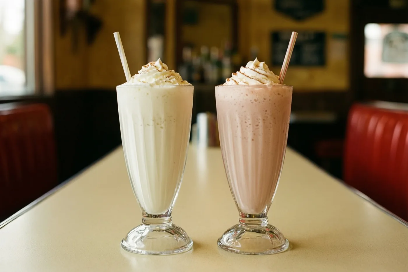 Twee milkshakes in hoge glazen met slagroom en rietjes staan op een tafel in een retro-eethuis met rode zitbanken en warme verlichting.